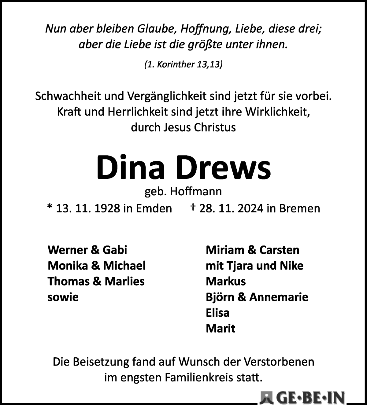 Traueranzeige von Dina Drews von WESER-KURIER