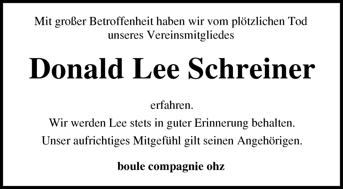 Traueranzeige von Donald Lee Schreiner von Osterholzer Kreisblatt