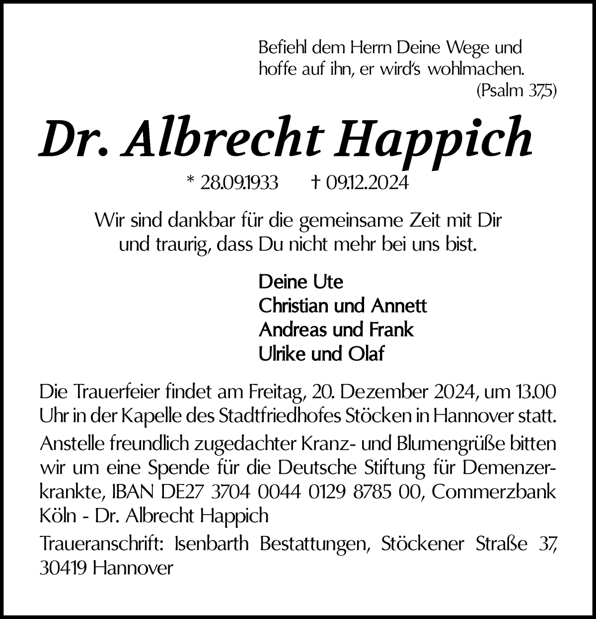 Traueranzeige von Dr. Albrecht Happich von Osterholzer Kreisblatt