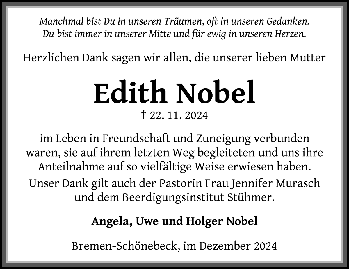 Traueranzeige von Edith Nobel von Die Norddeutsche