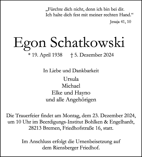 Traueranzeige von Egon Schatkowski von WESER-KURIER