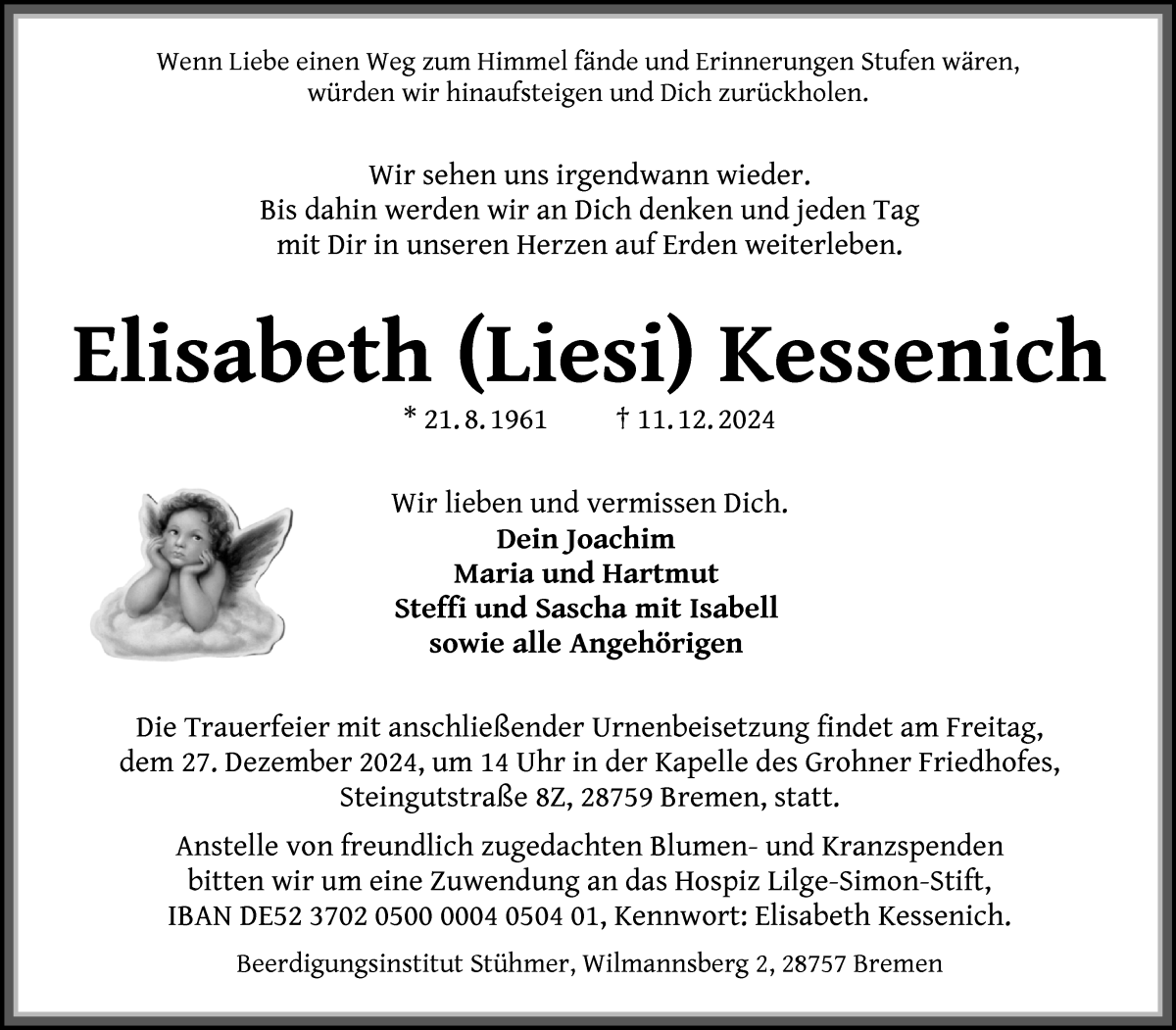 Traueranzeige von Elisabeth Kessenich von Die Norddeutsche