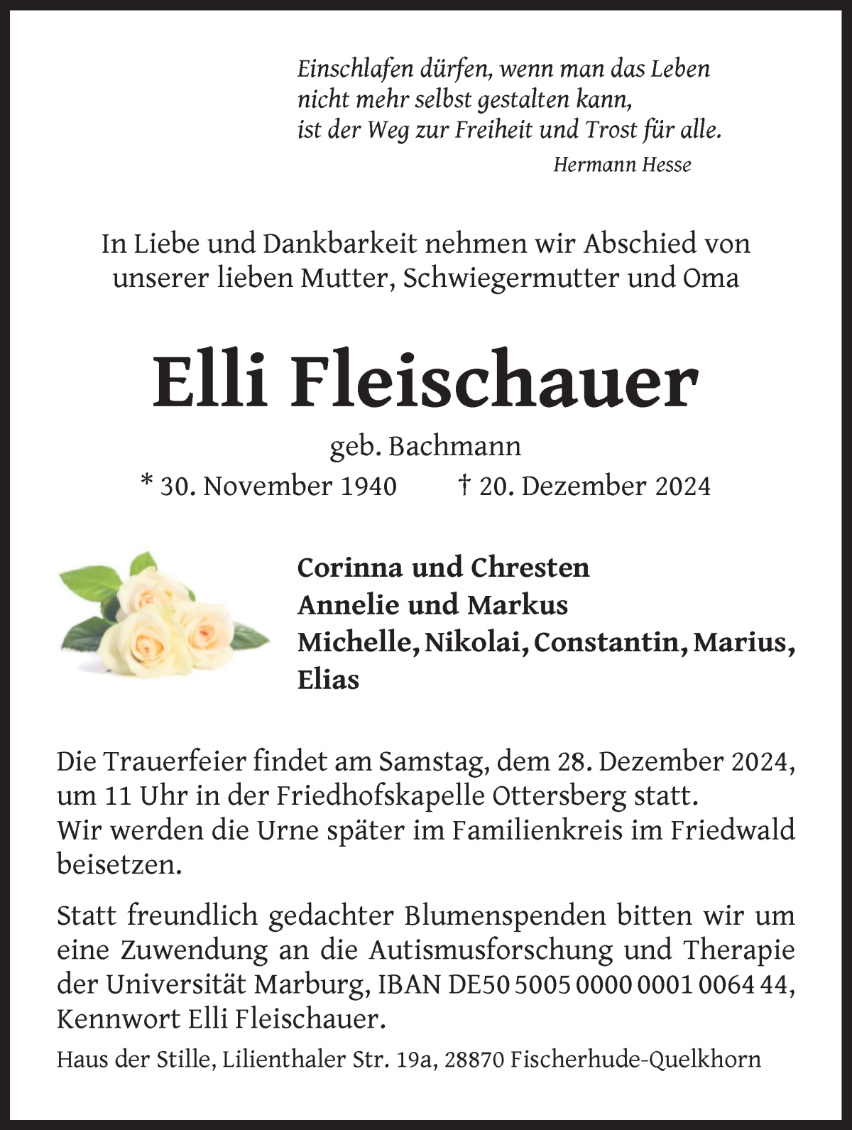 Traueranzeige von Elli Fleischauer von Achimer Kurier/Verdener Nachrichten