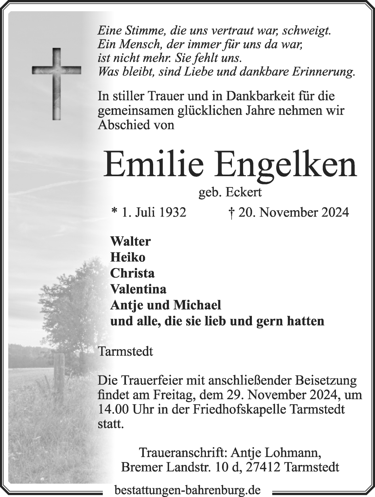 Traueranzeige von Emilie Engelken von Wuemme Zeitung