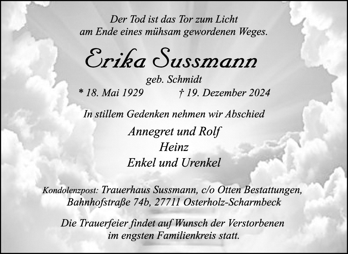 Traueranzeige von Erika Sussmann von Osterholzer Kreisblatt