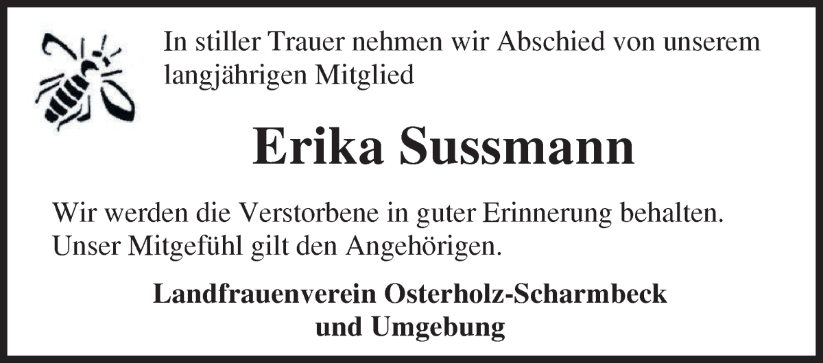 Traueranzeige von Erika Sussmann von Osterholzer Kreisblatt