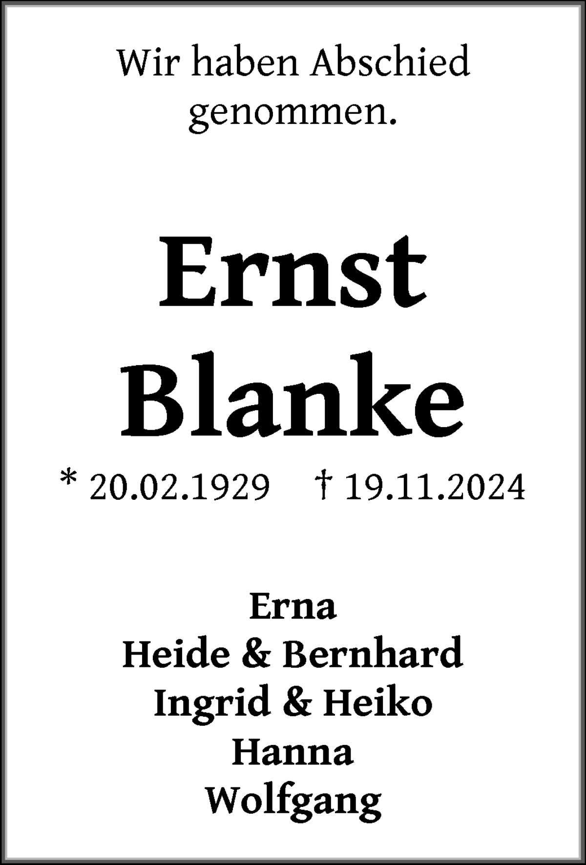 Traueranzeige von Ernst Blanke von WESER-KURIER