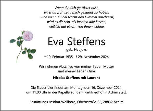 Traueranzeige von Eva Steffens