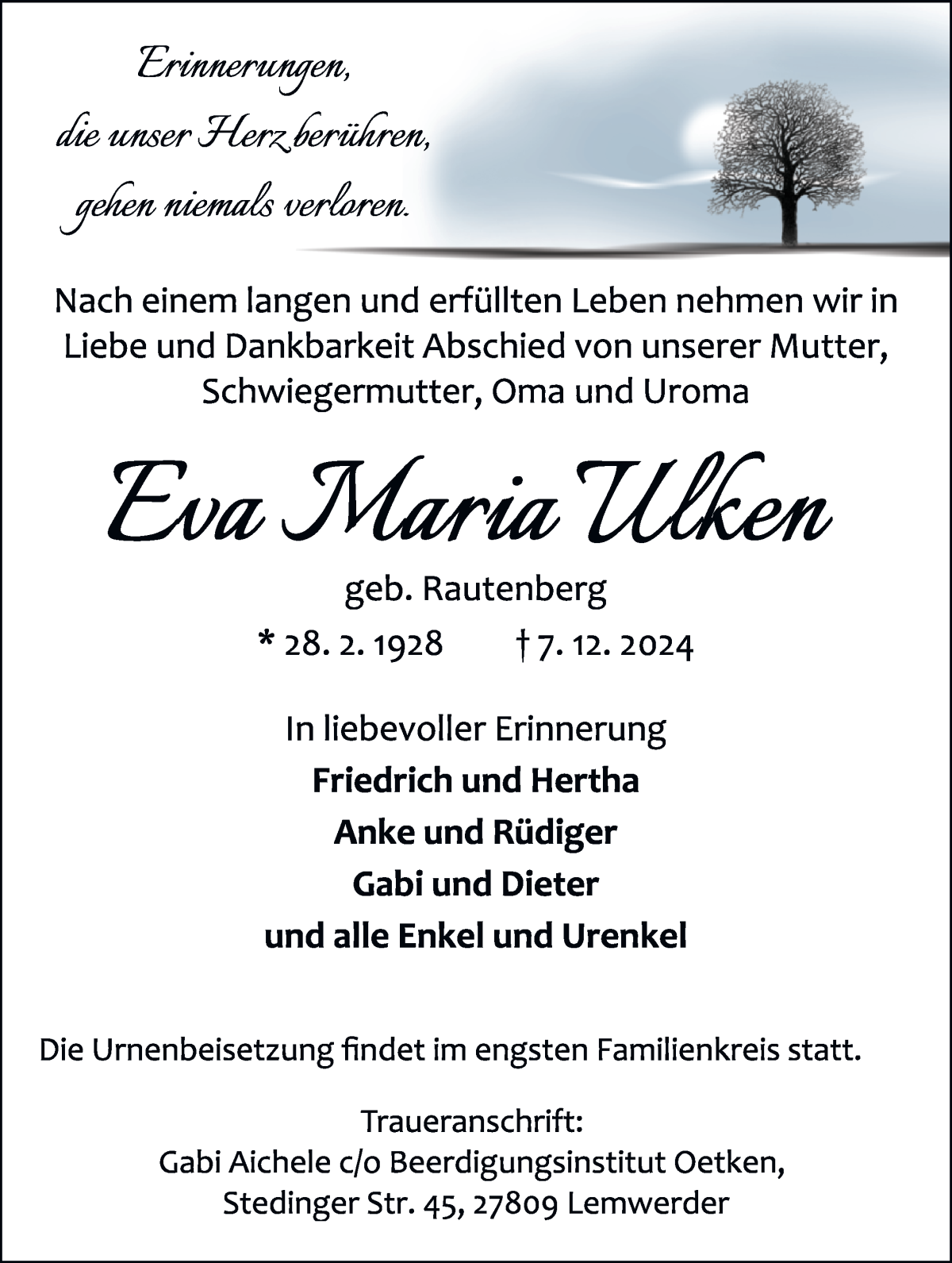 Traueranzeige von Eva Maria Ulken von Die Norddeutsche