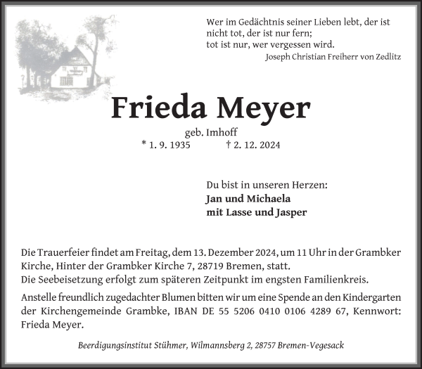 Traueranzeige von Frieda Meyer von WESER-KURIER