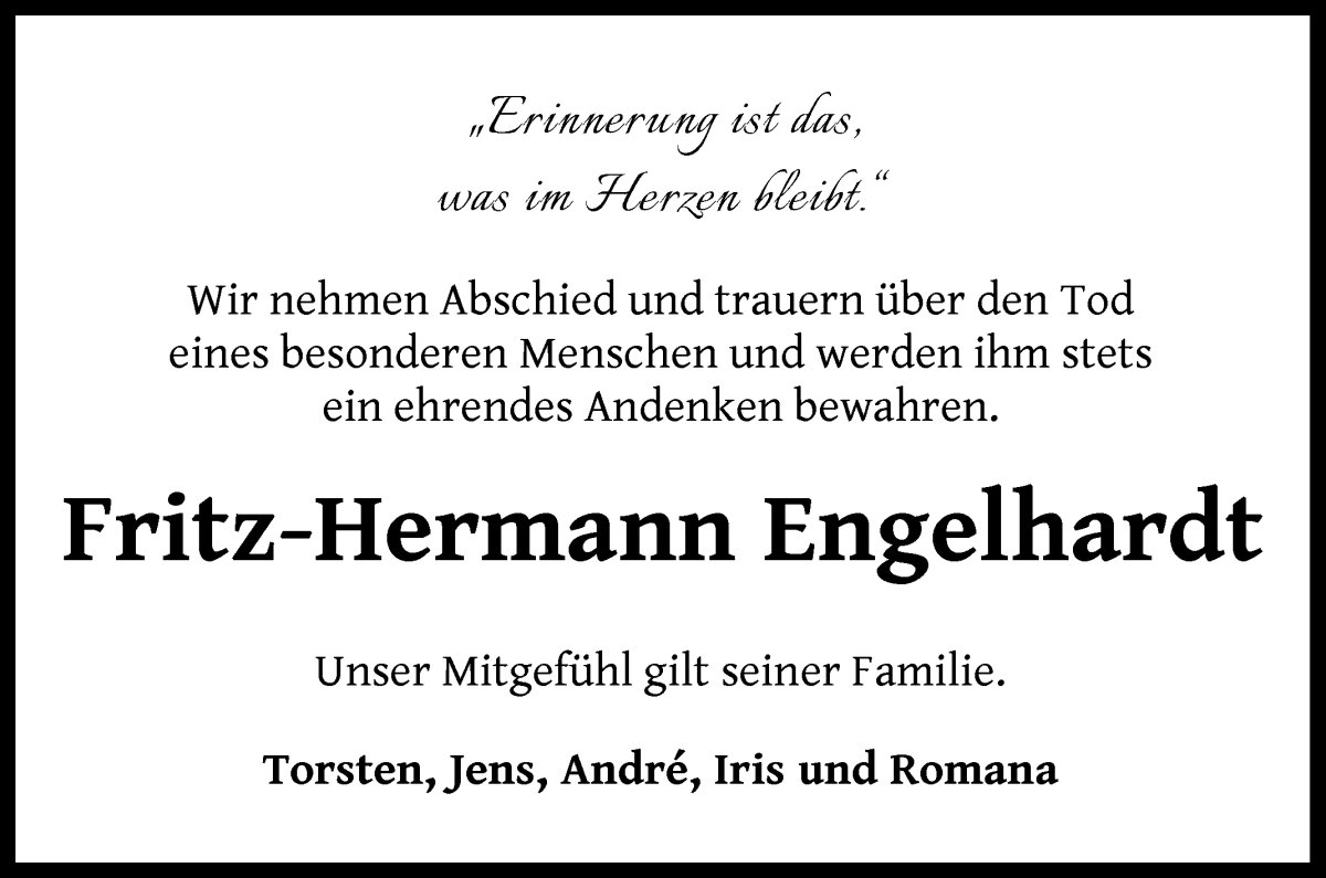 Traueranzeige von Fritz-Hermann Engelhardt von WESER-KURIER