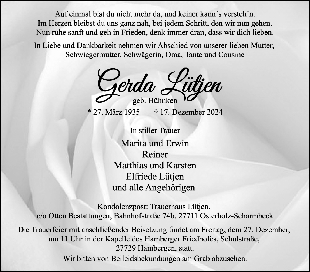 Traueranzeige von Gerda Lütjen von Osterholzer Kreisblatt