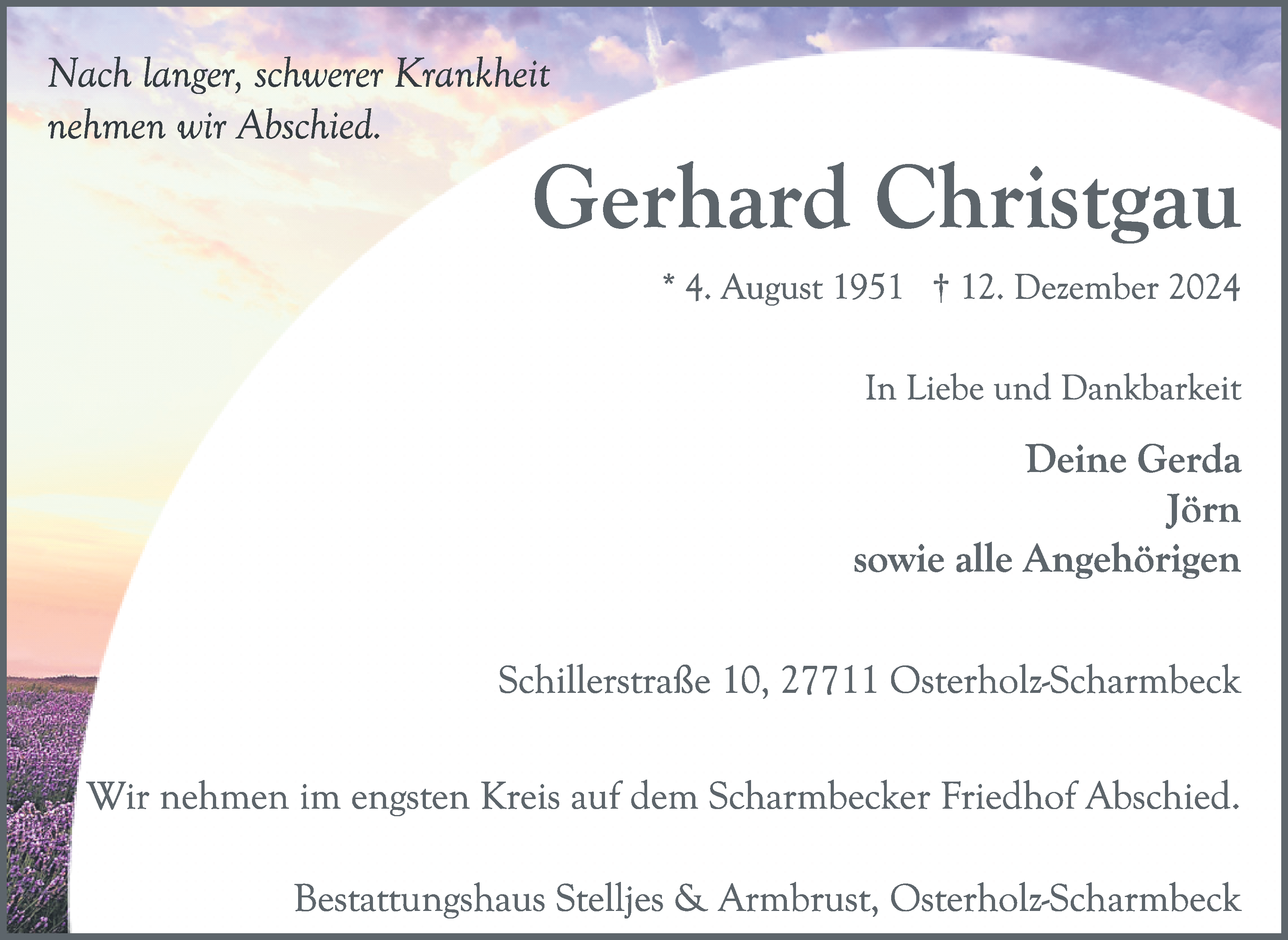 Traueranzeige von Gerhard Christgau von Osterholzer Kreisblatt