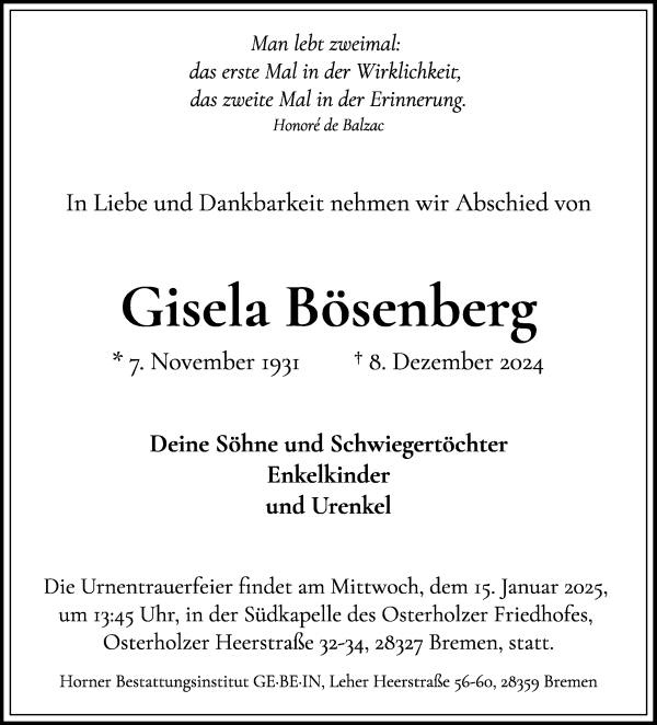 Traueranzeige von Gisela Bösenberg von WESER-KURIER