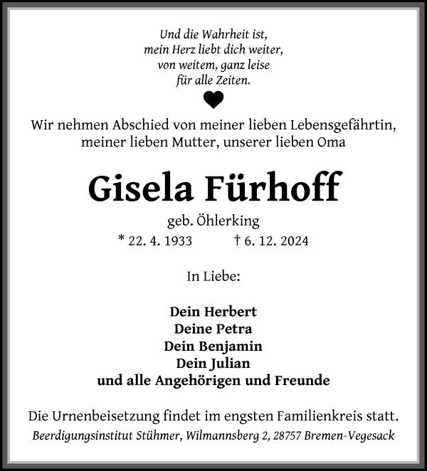 Traueranzeige von Gisela Fürhoff von WESER-KURIER