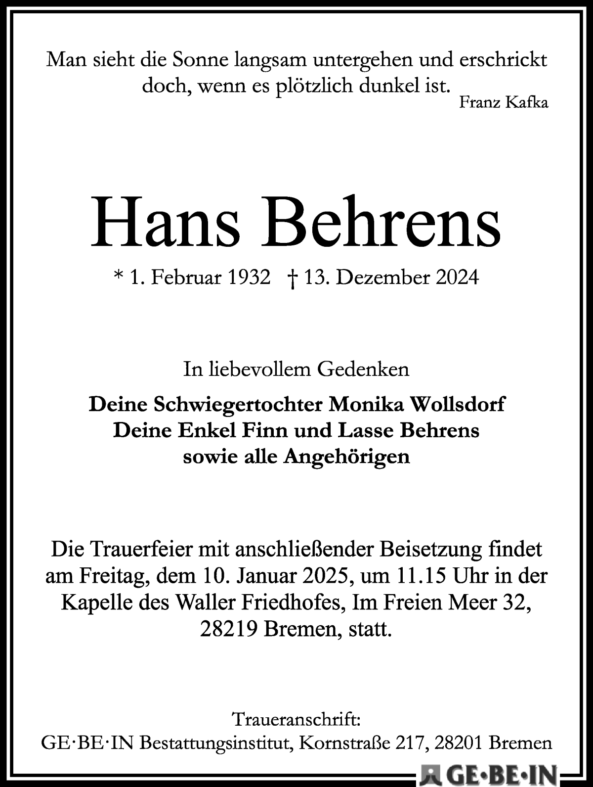 Traueranzeige von Hans Behrens von WESER-KURIER