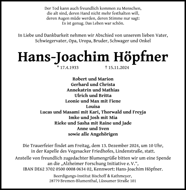 Traueranzeige von Hans-Joachim Höpfner von Die Norddeutsche