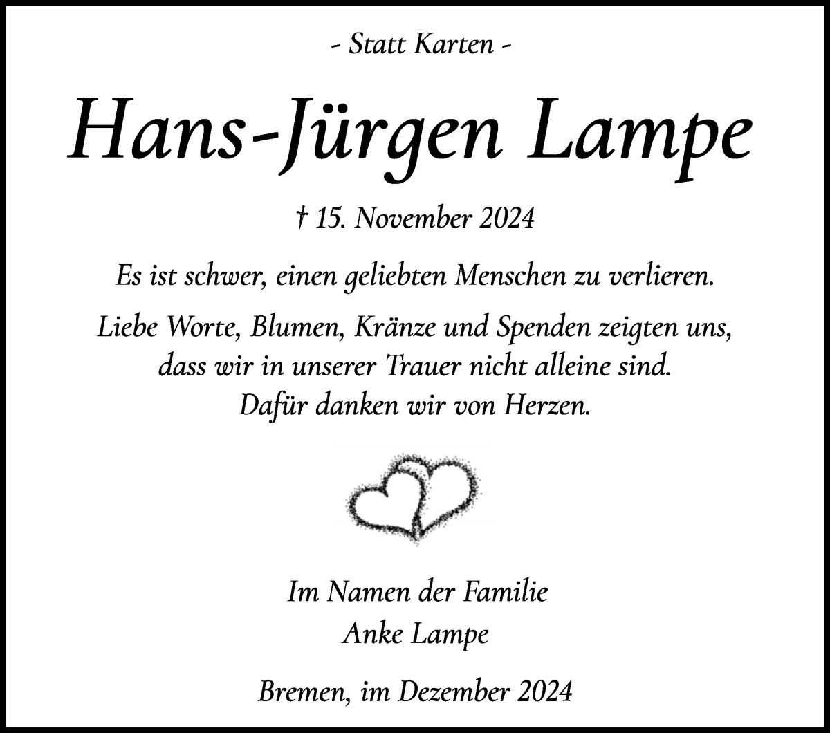 Traueranzeige von Hans-Jürgen Lampe von WESER-KURIER