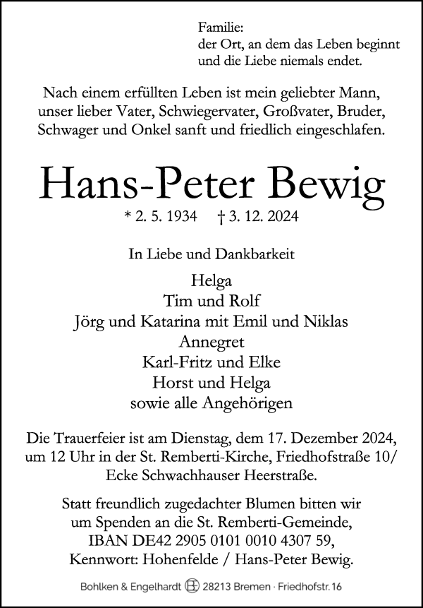 Traueranzeige von Hans-Peter Bewig von WESER-KURIER