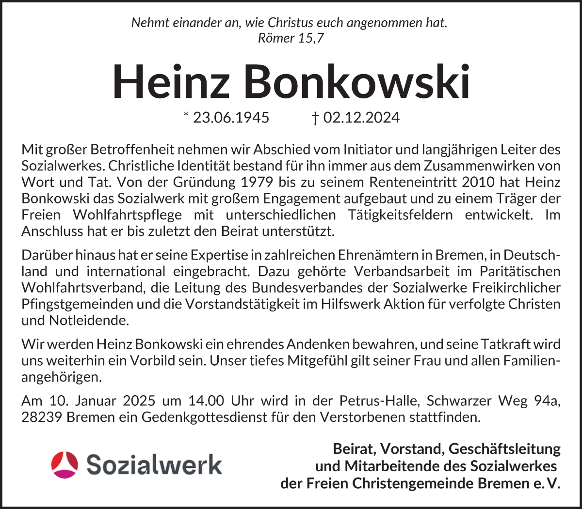  Traueranzeige für Heinz Bonkowski vom 14.12.2024 aus WESER-KURIER