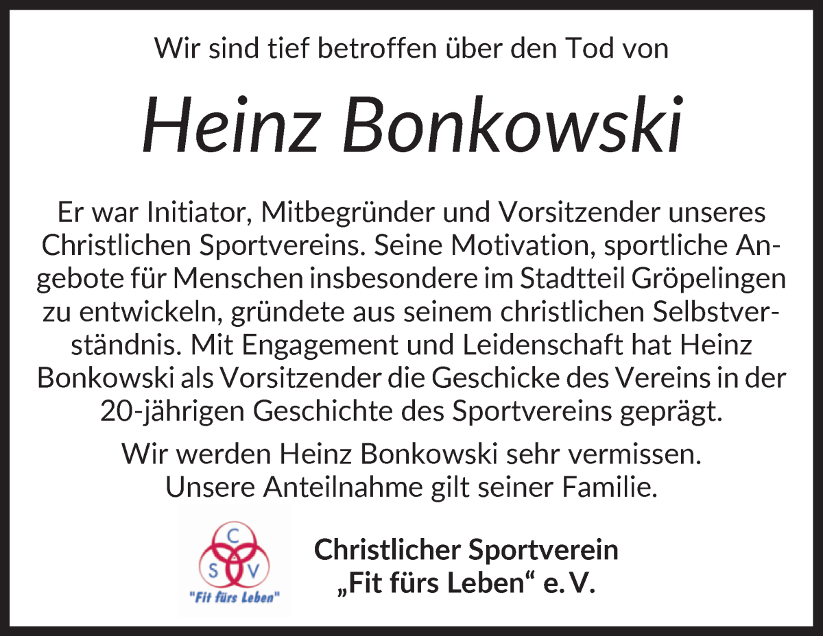  Traueranzeige für Heinz Bonkowski vom 14.12.2024 aus WESER-KURIER