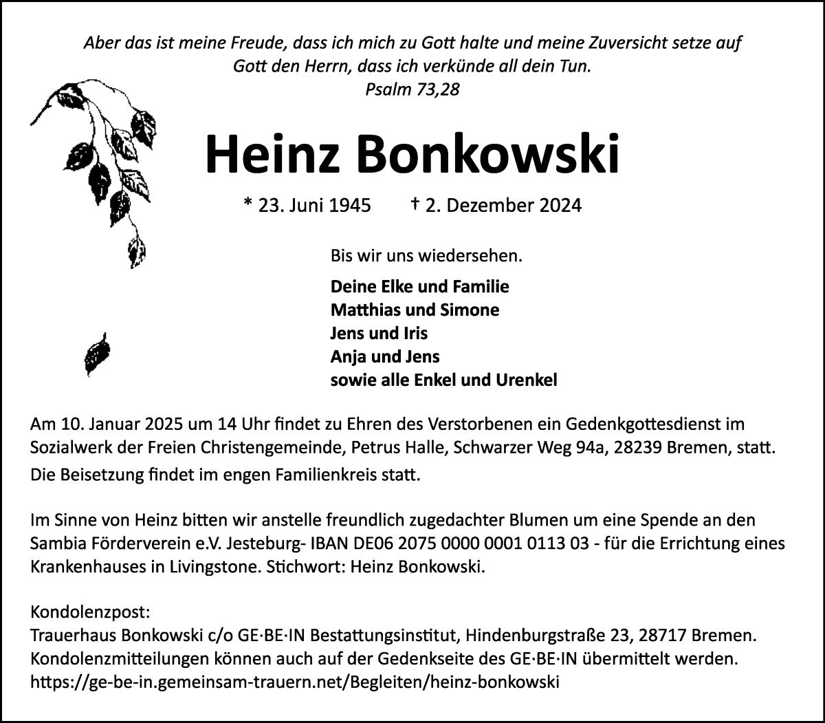  Traueranzeige für Heinz Bonkowski vom 14.12.2024 aus WESER-KURIER