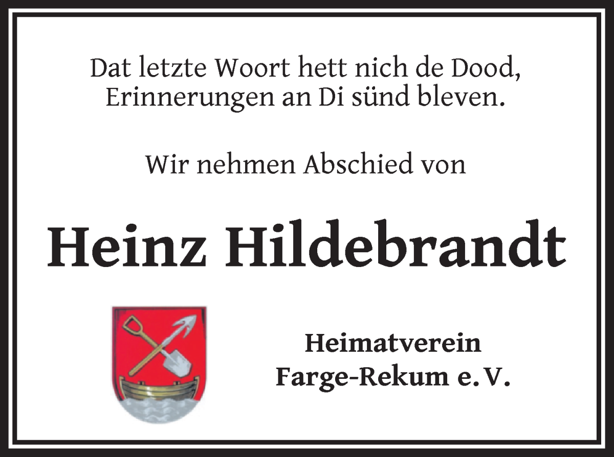 Traueranzeige von Heinz Hildebrandt von Die Norddeutsche