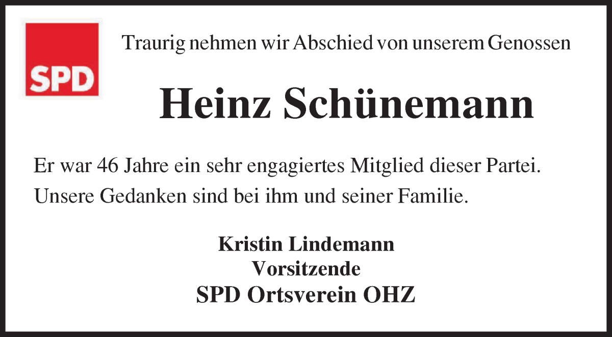 Traueranzeige von Heinz Schünemann von Osterholzer Kreisblatt