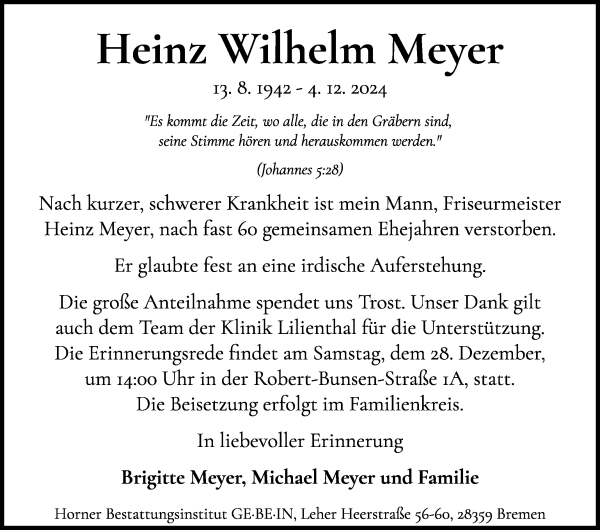 Traueranzeige von Heinz Wilhelm Meyer von WESER-KURIER