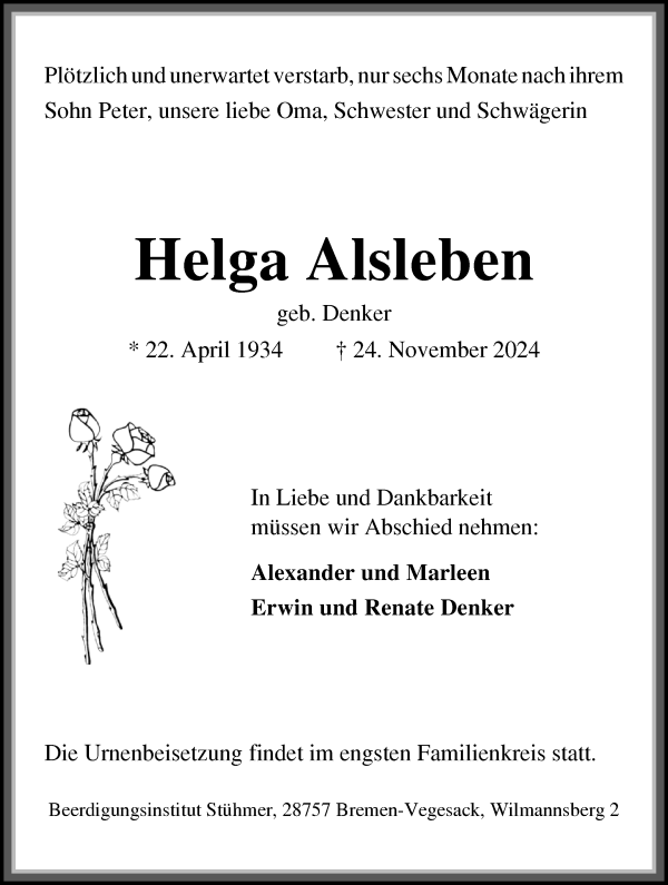 Traueranzeige von Helga Alsleben von Die Norddeutsche