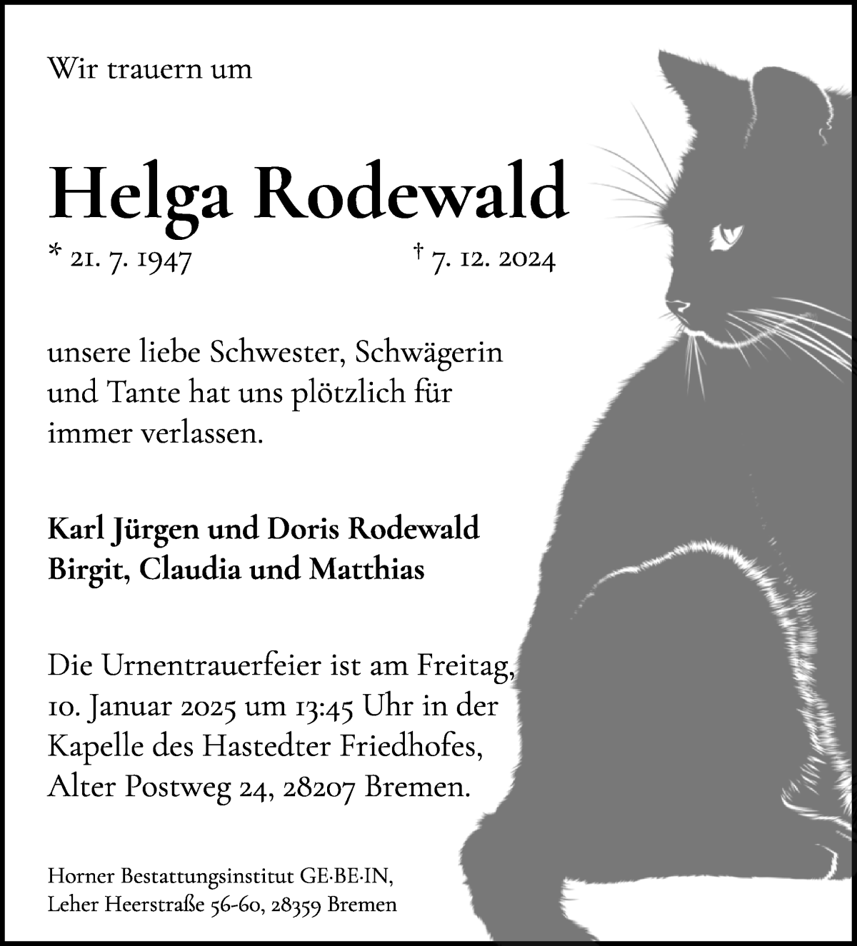 Traueranzeige von Helga Rodewald von WESER-KURIER