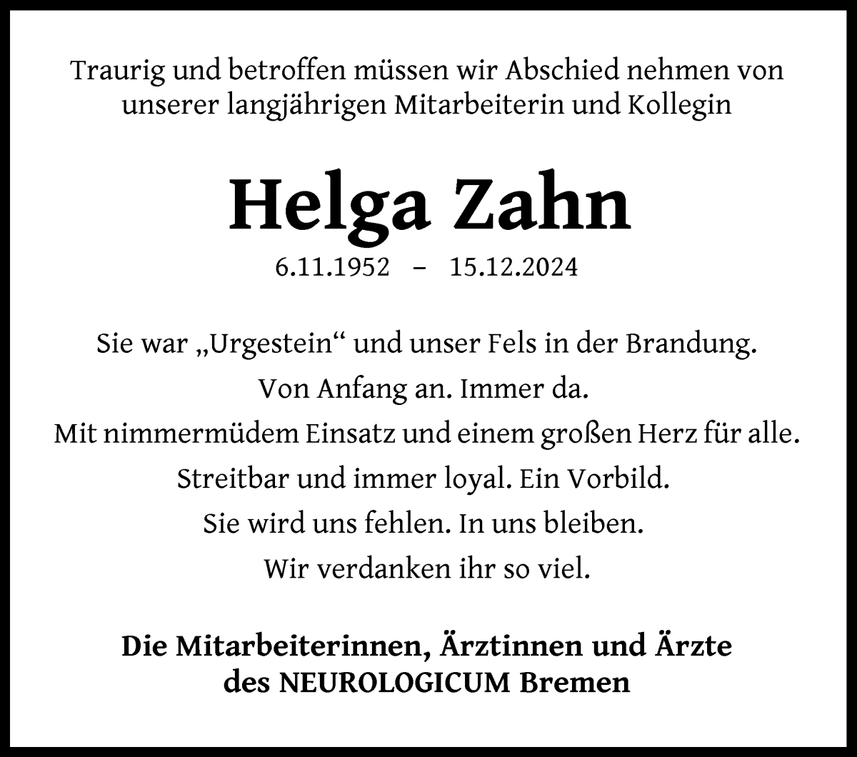 Traueranzeige von Helga Zahn von WESER-KURIER