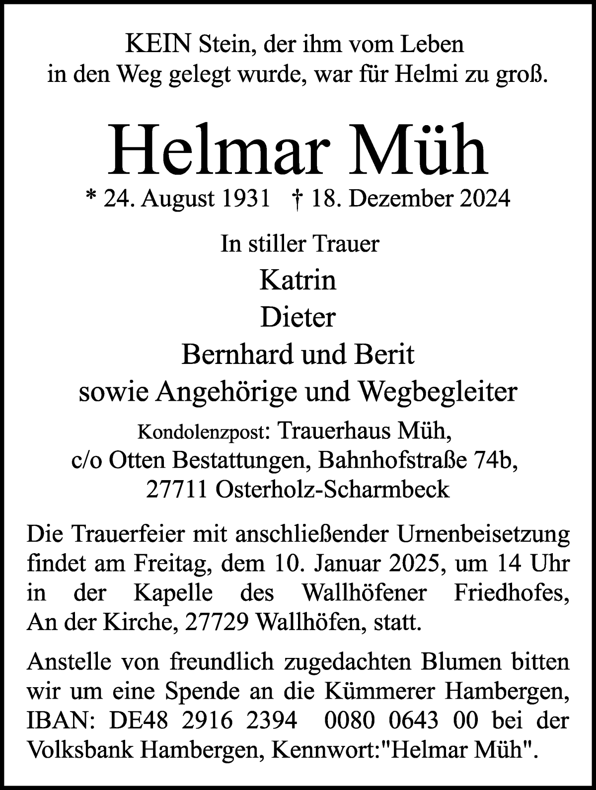 Traueranzeige von Helmar Müh von Osterholzer Kreisblatt