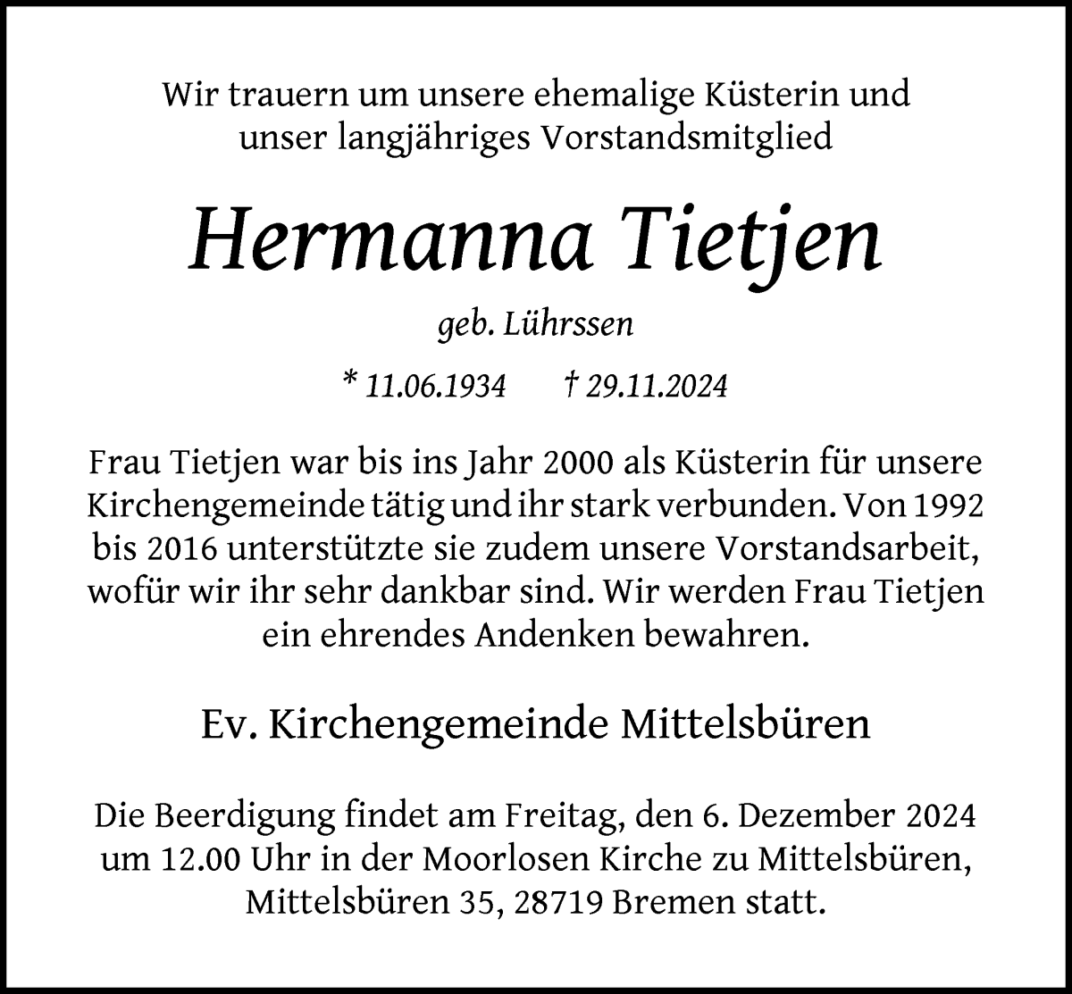 Traueranzeige von Hermanna Tietjen von Die Norddeutsche