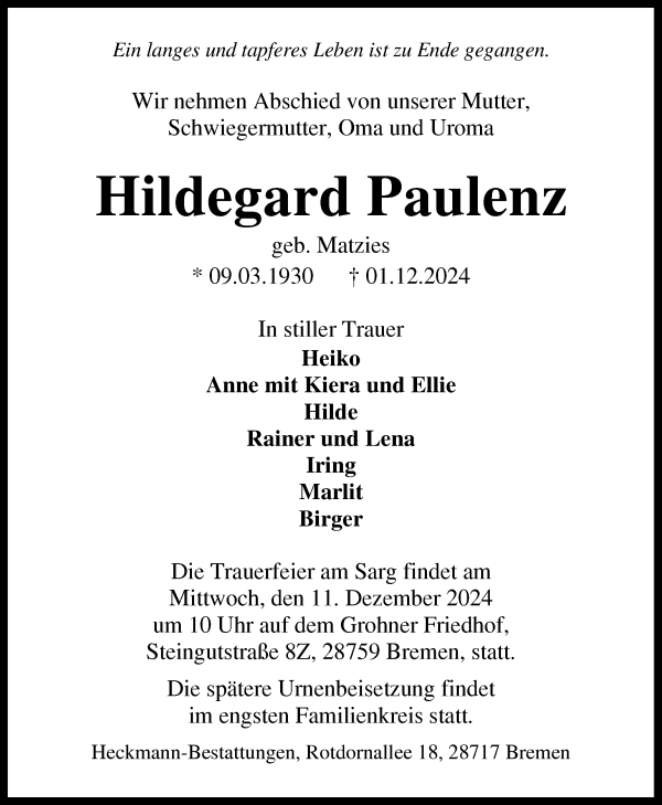 Traueranzeige von Hildegard Paulenz von Die Norddeutsche