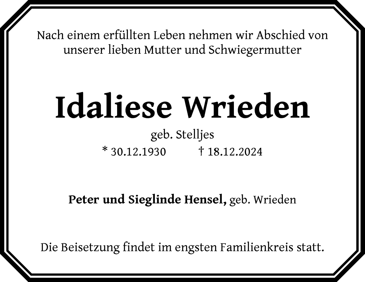 Traueranzeige von Idaliese Wrieden von Wuemme Zeitung