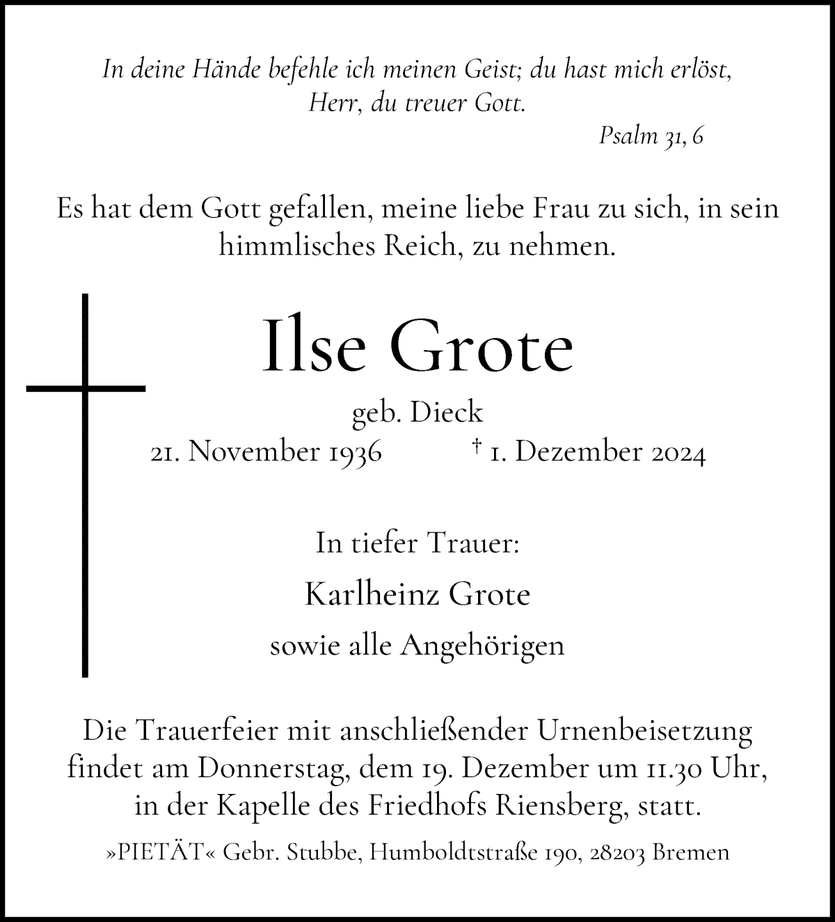 Traueranzeige von Ilse Grote von WESER-KURIER