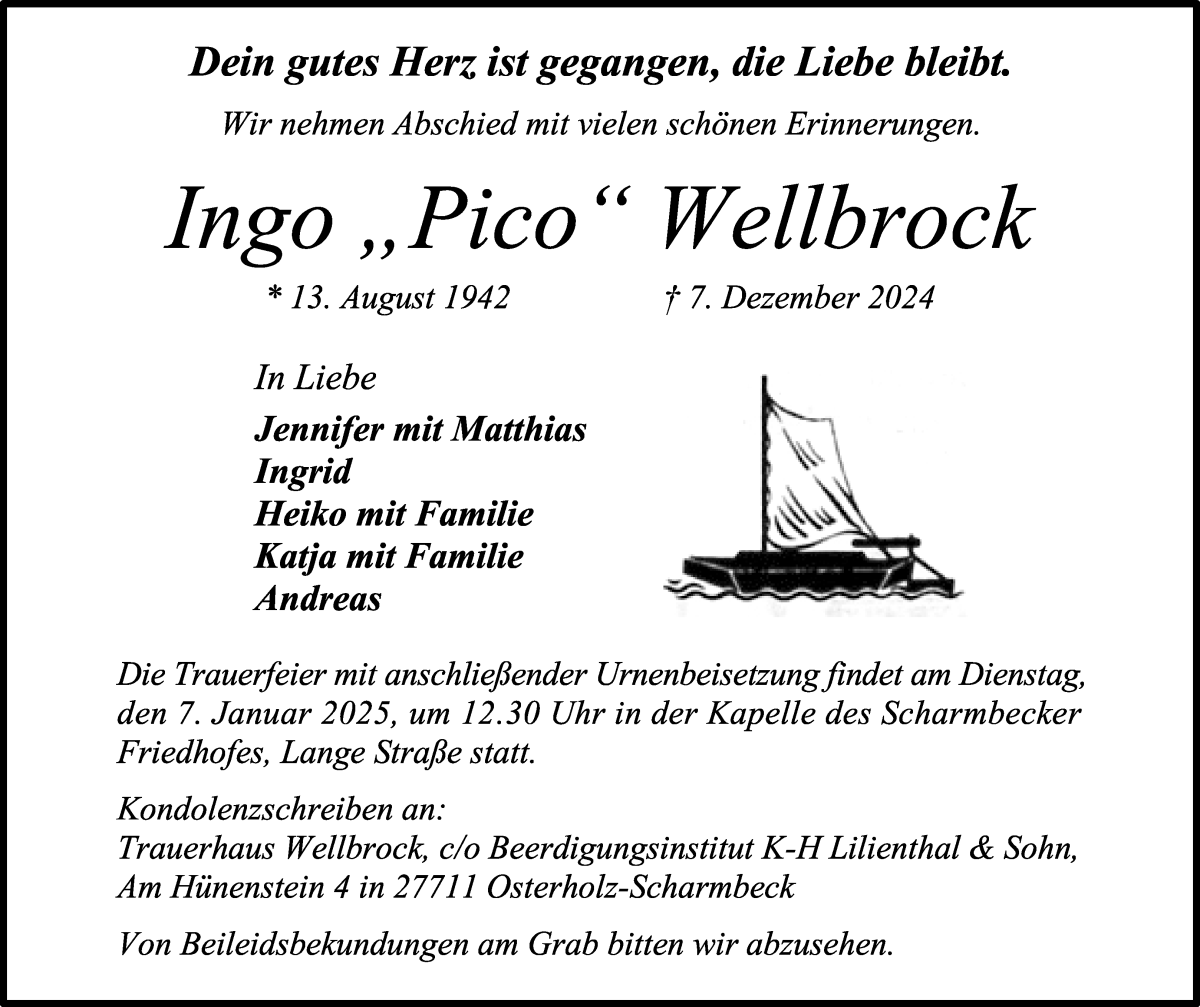 Traueranzeige von Ingo Wellbrock von Osterholzer Kreisblatt