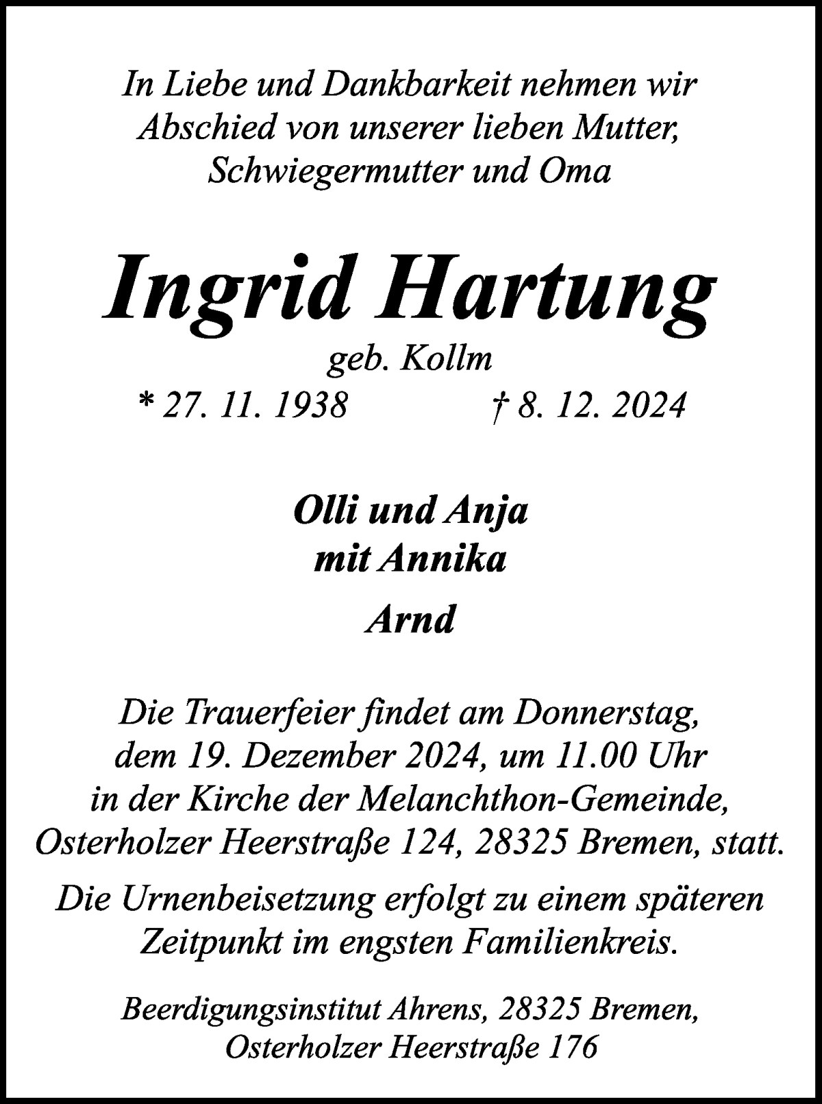 Traueranzeige von Ingrid Hartung von WESER-KURIER