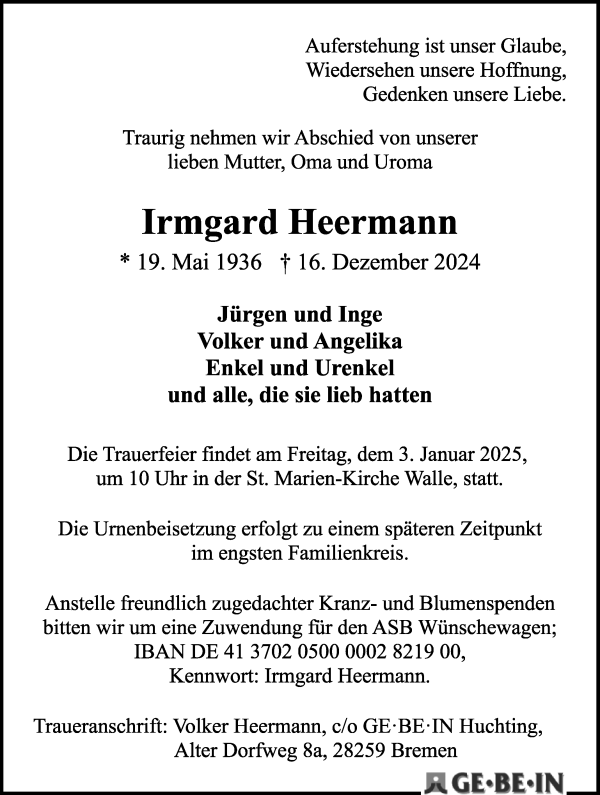 Traueranzeige von Irmgard Heermann von WESER-KURIER