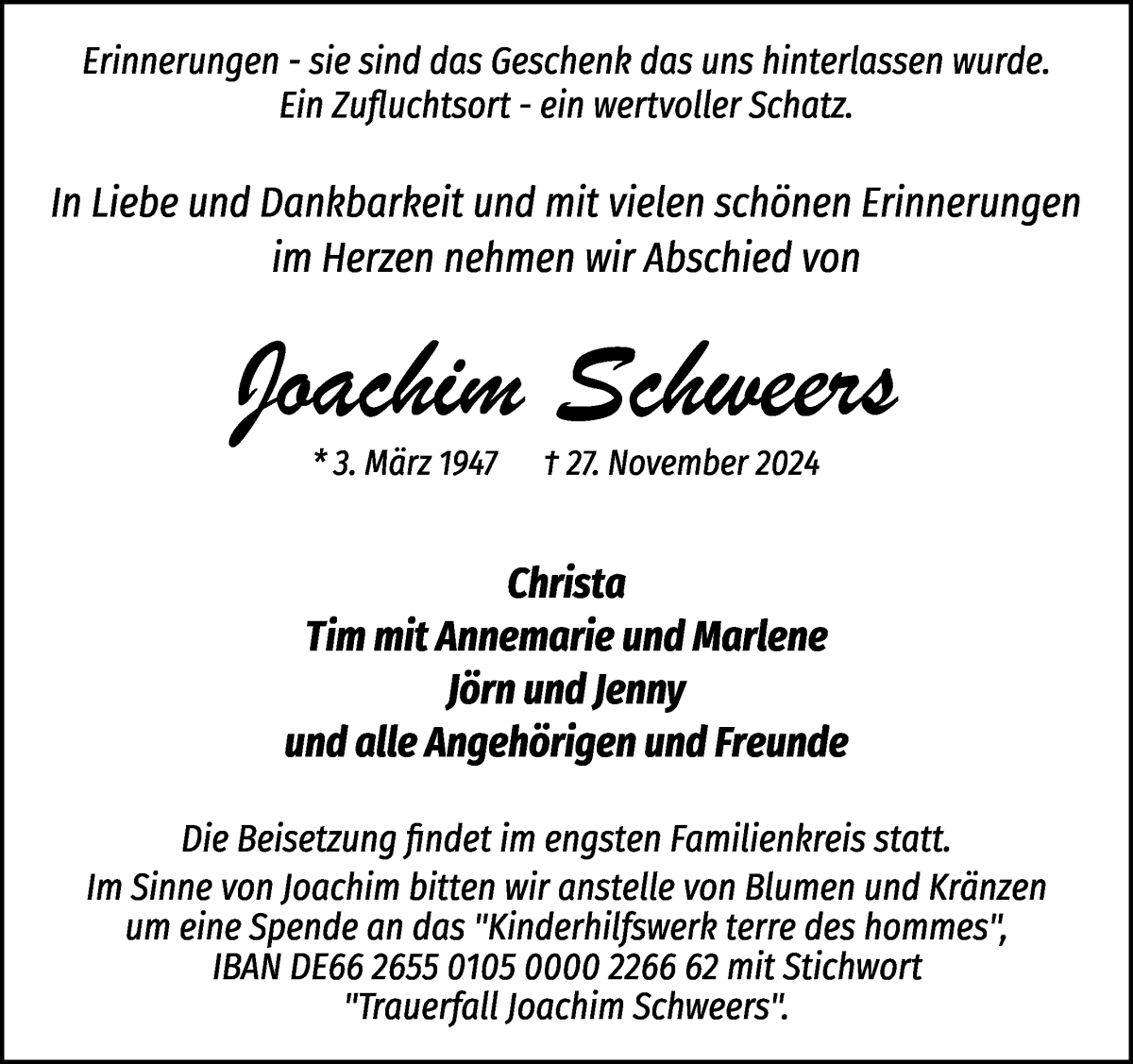 Traueranzeige von Joachim Schweers von Achimer Kurier/Verdener Nachrichten