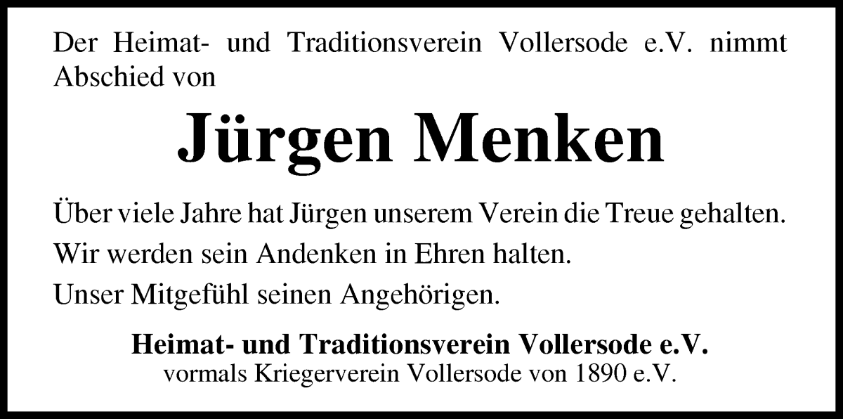 Traueranzeige von Jürgen Menken von Osterholzer Kreisblatt