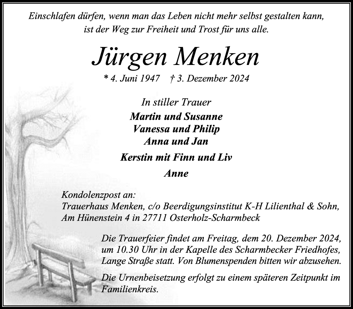 Traueranzeige von Jürgen Menken von Osterholzer Kreisblatt