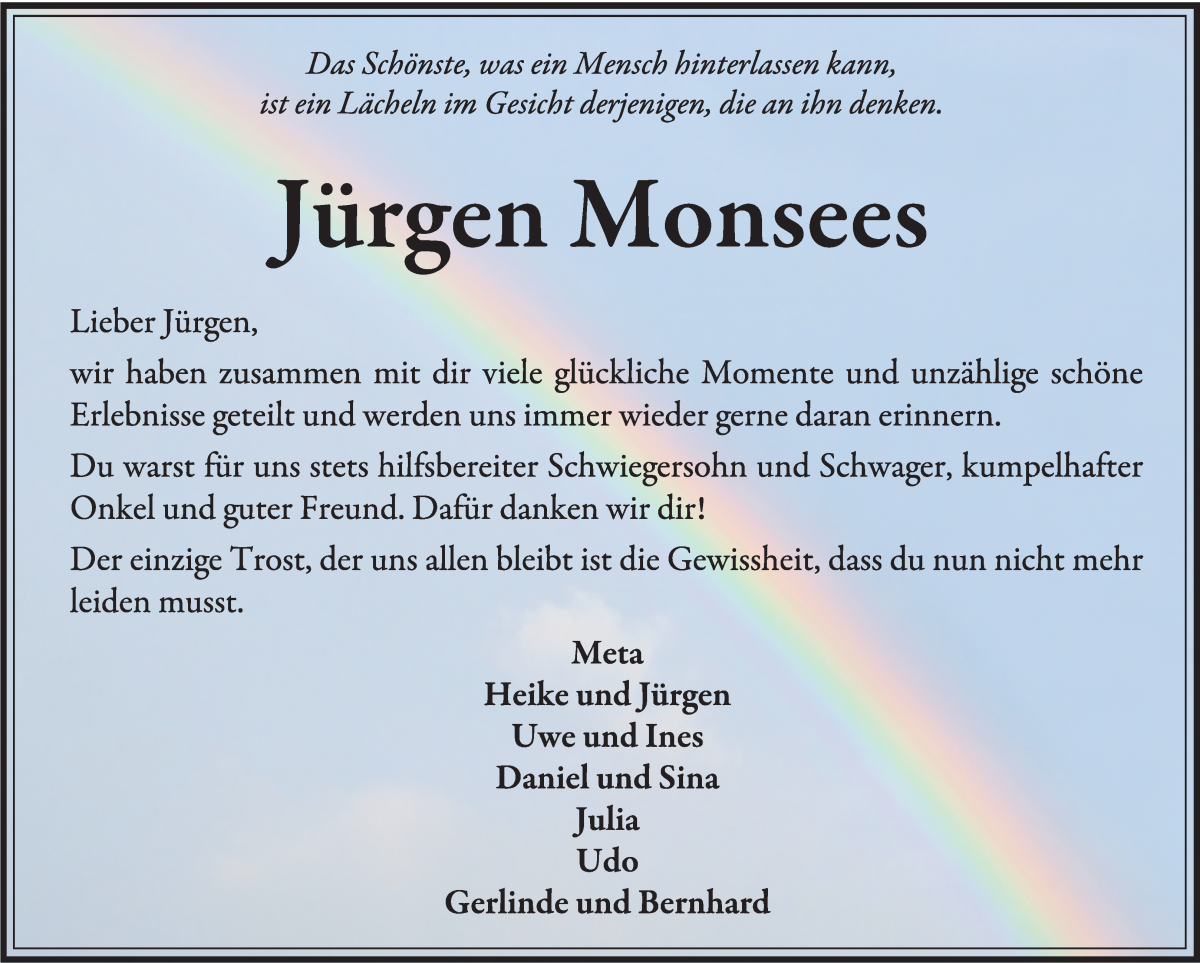 Traueranzeige von Jürgen Monsees von Wuemme Zeitung