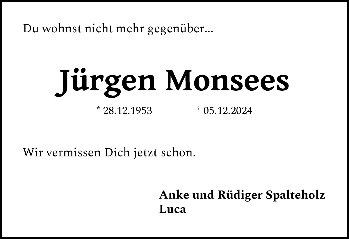 Traueranzeige von Jürgen Monsees von Wuemme Zeitung