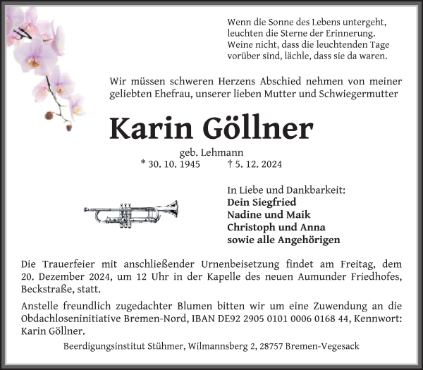 Traueranzeige von Karin Göllner von Die Norddeutsche