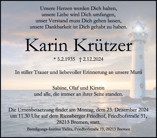 Traueranzeige von Karin Krützer von WESER-KURIER