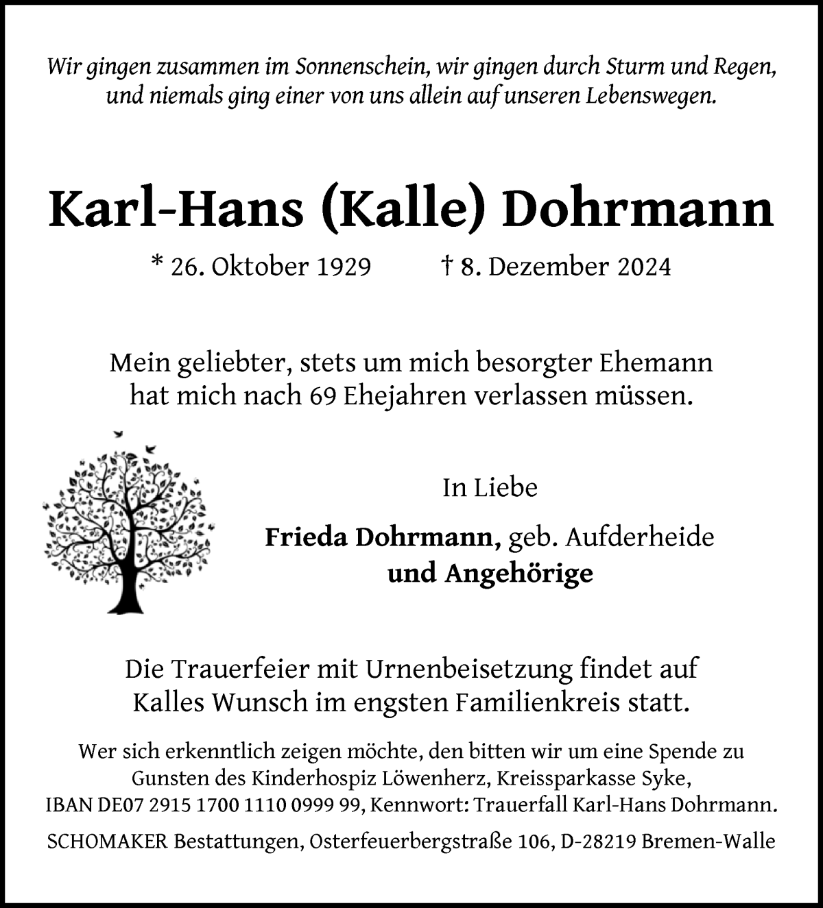 Traueranzeige von Karl-Hans Dohrmann von WESER-KURIER