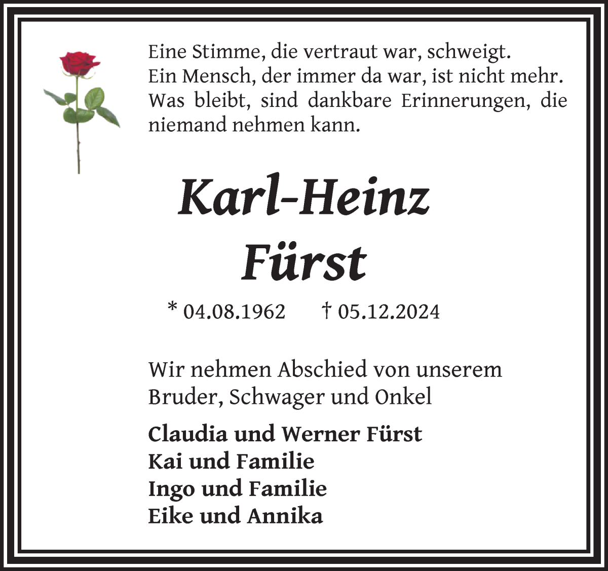 Traueranzeige von Karl-Heinz Fürst von Osterholzer Kreisblatt