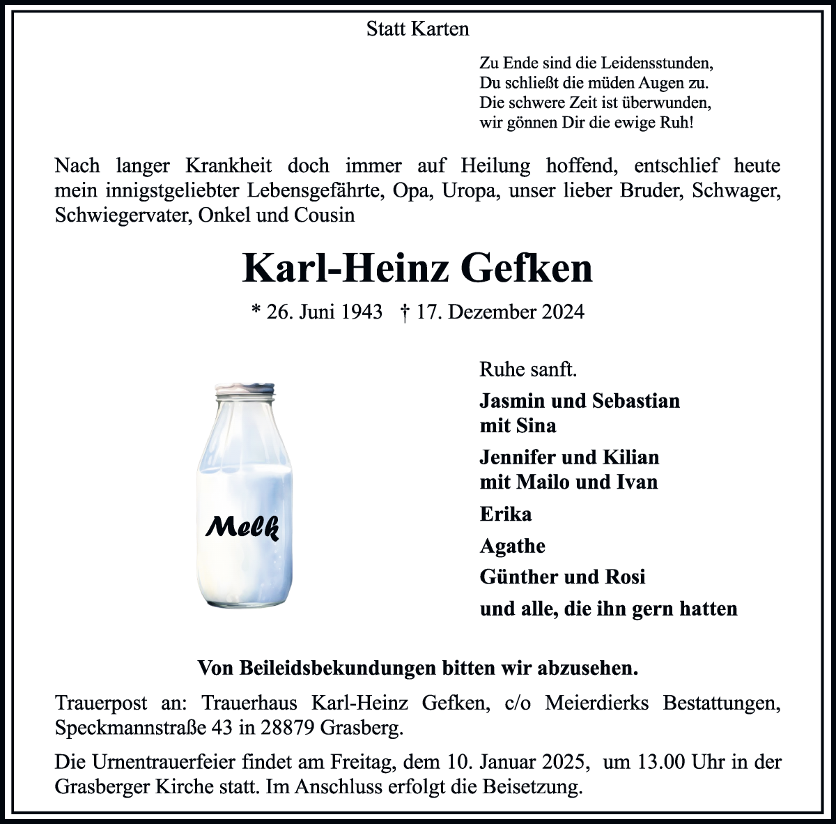 Traueranzeige von Karl-Heinz Gefken von Wuemme Zeitung